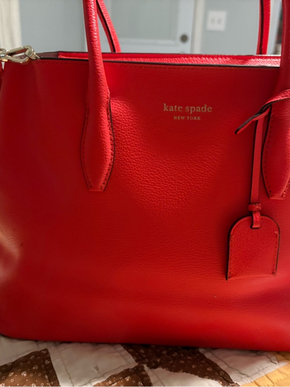 kate spade Red Pebbled Leather Tote with Luggage Tag